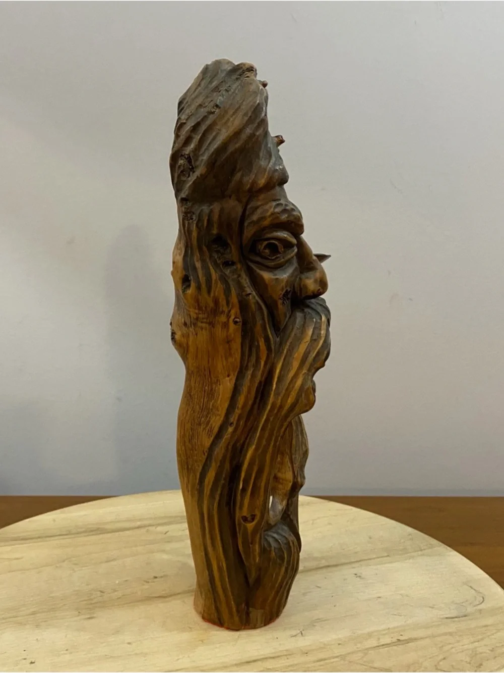 Vintage Hand Carved Wood Candle‎ Holder Spirit Wizard Face Folk Art Cottagecore